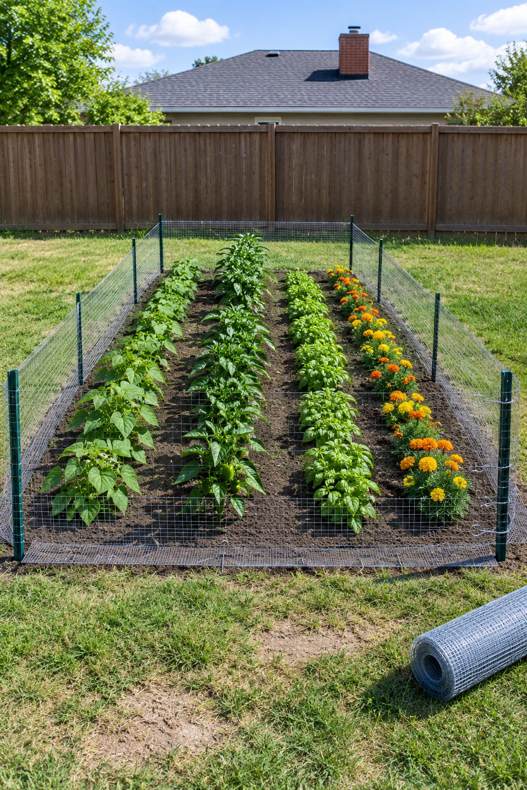 Small fenced vegetable garden, four in-ground rows of bush beans, peppers, basil and marigolds inside a low wire mesh rabbit fence on metal stakes