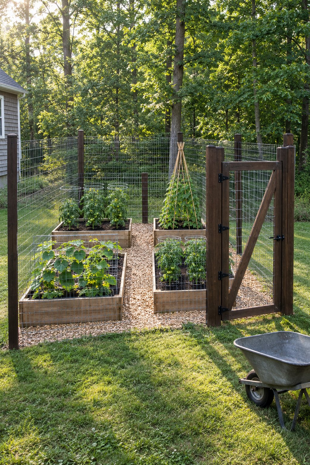 Vegetable garden fence ideas for deer, four raised beds of tomatoes, pole beans and cucumbers inside a tall post and wire deer fence with a full-height gate