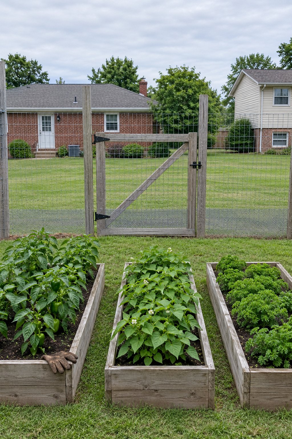 Enclosed raised garden beds, three beds of peppers, bush beans and parsley inside a tall wire deer fence with a band of small mesh along the base and one wide gate