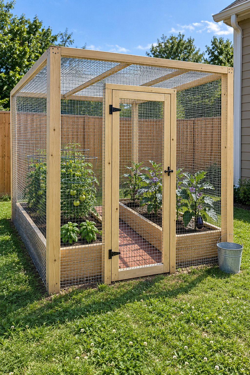 Enclosed vegetable garden, a walk-in timber frame with wire mesh walls and a mesh roof over two raised beds of tomatoes, eggplant and basil, with a framed mesh door