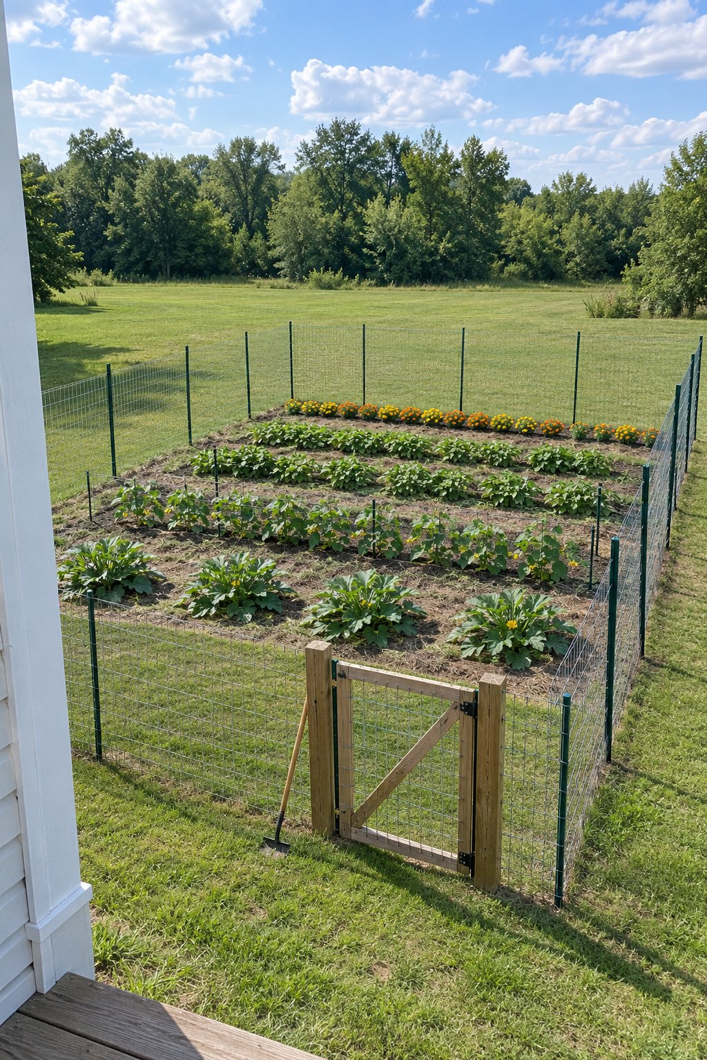 Fenced vegetable garden for deer, five long in-ground rows of zucchini, cucumbers, bush beans and marigolds inside tall wire on metal posts with a gate on two wooden posts