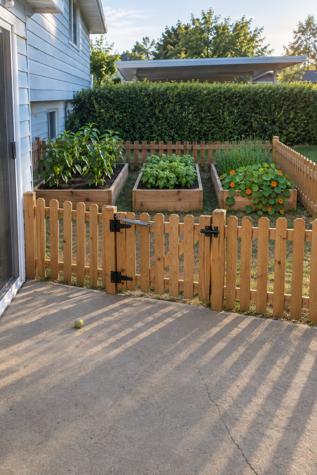 Small fenced vegetable garden beside a patio, three raised beds of peppers, basil, chives and nasturtiums inside a low natural cedar picket fence with a self-closing gate