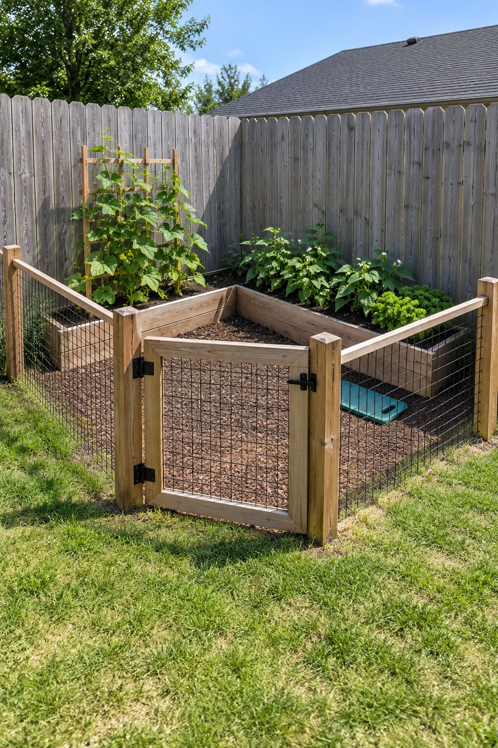 Fenced garden with raised beds in a yard corner, two narrow beds of cucumbers, bush beans and parsley along a wooden fence with wire panels closing the other two sides