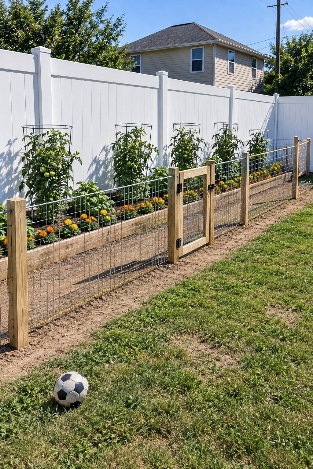 Vegetable garden fence ideas for a family yard, one long narrow bed of tomatoes, basil and marigolds against the back fence behind a front run of wire mesh on posts with a center gate