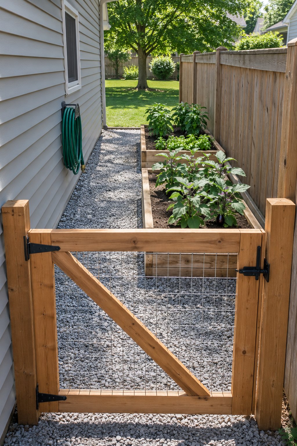 Small fenced vegetable garden in a side yard, two raised beds of eggplant, peppers and basil behind one fence and gate that closes the gap between the house wall and the yard fence