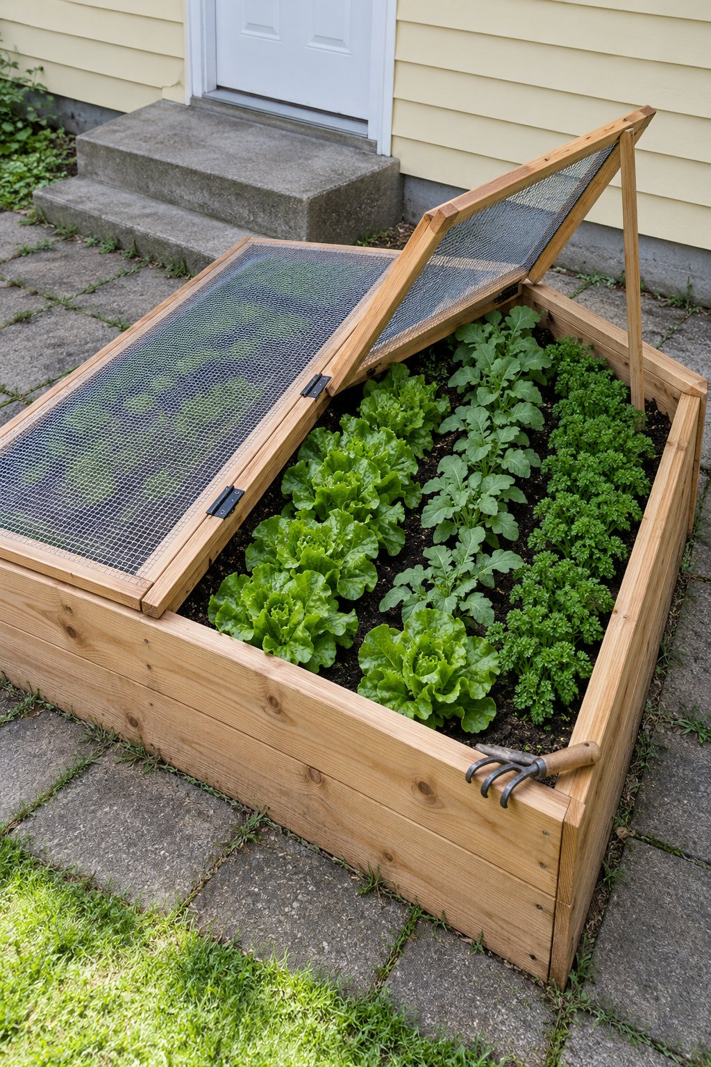 Enclosed raised garden beds, one wooden raised bed of lettuce, radishes and parsley under two hinged wire mesh lids, one propped open