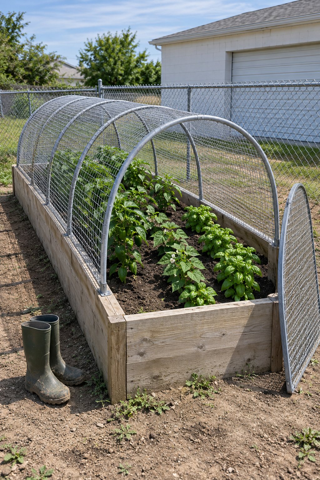 Enclosed raised garden beds, one raised bed of peppers, bush beans and basil under a hoop cage of wire mesh with a removable end panel