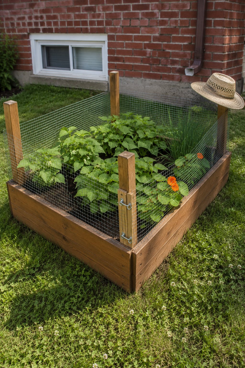 Small fenced vegetable garden on one raised bed, a low wire mesh collar on four corner stakes around bush beans, chives and nasturtiums