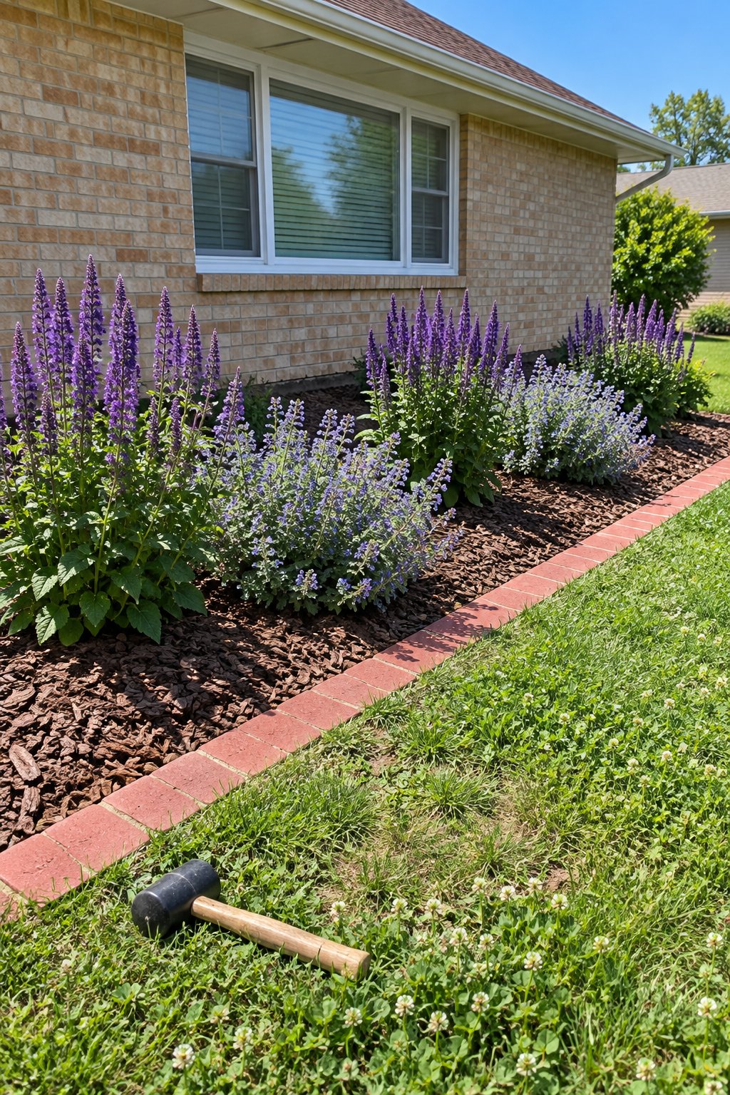 Flower bed edging ideas with brick, a flat red brick mowing strip set flush between a lawn and a mulched front bed of salvia and catmint at a brick ranch house
