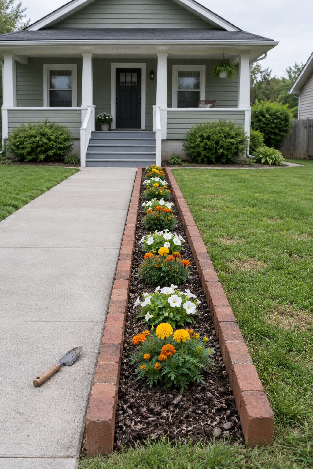 Brick flower bed edging in an upright soldier row along a concrete front walk, holding back mulch around marigolds and petunias beside a bungalow porch