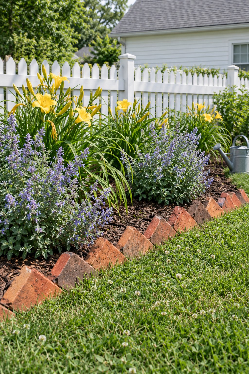Sawtooth brick flower bed border with bricks set at a slant, edging a cottage style bed of daylilies and catmint in front of a white picket fence