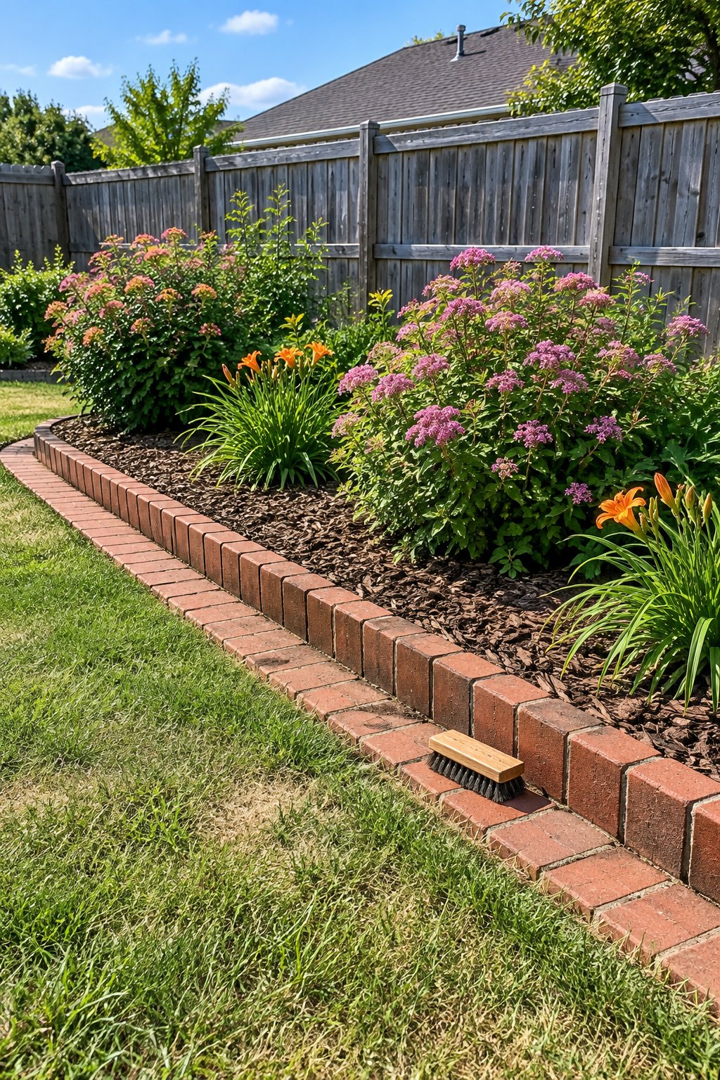 Garden edging ideas in brick, a flat brick mowing strip with an upright brick row behind it around a mulched bed of spirea and daylilies by a wooden fence