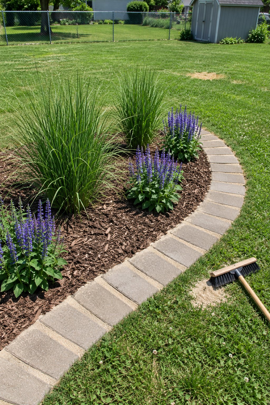 Landscape edging ideas with concrete pavers fanned flat around a curved island flower bed of feather reed grass and salvia in a backyard lawn