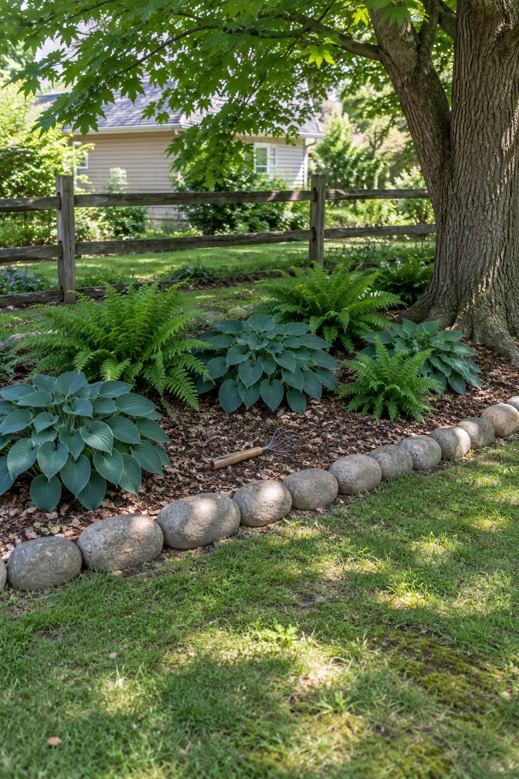Stone flower bed border made from a single line of fieldstone around a shade bed of hostas and ferns under a mature tree
