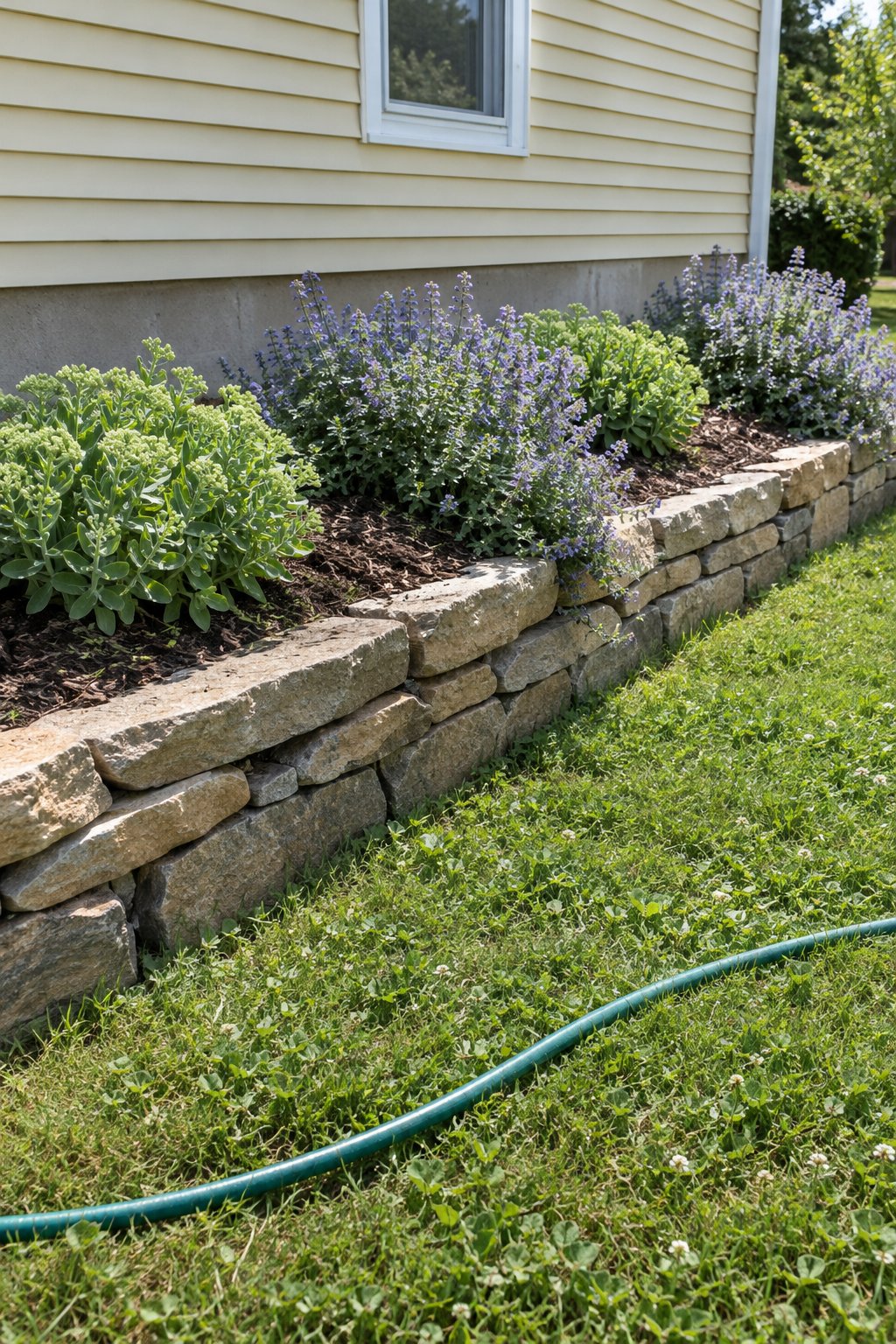 Stone flower bed border of two courses of dry-stacked flat stone holding a sloping bed of sedum and catmint beside a house with vinyl siding