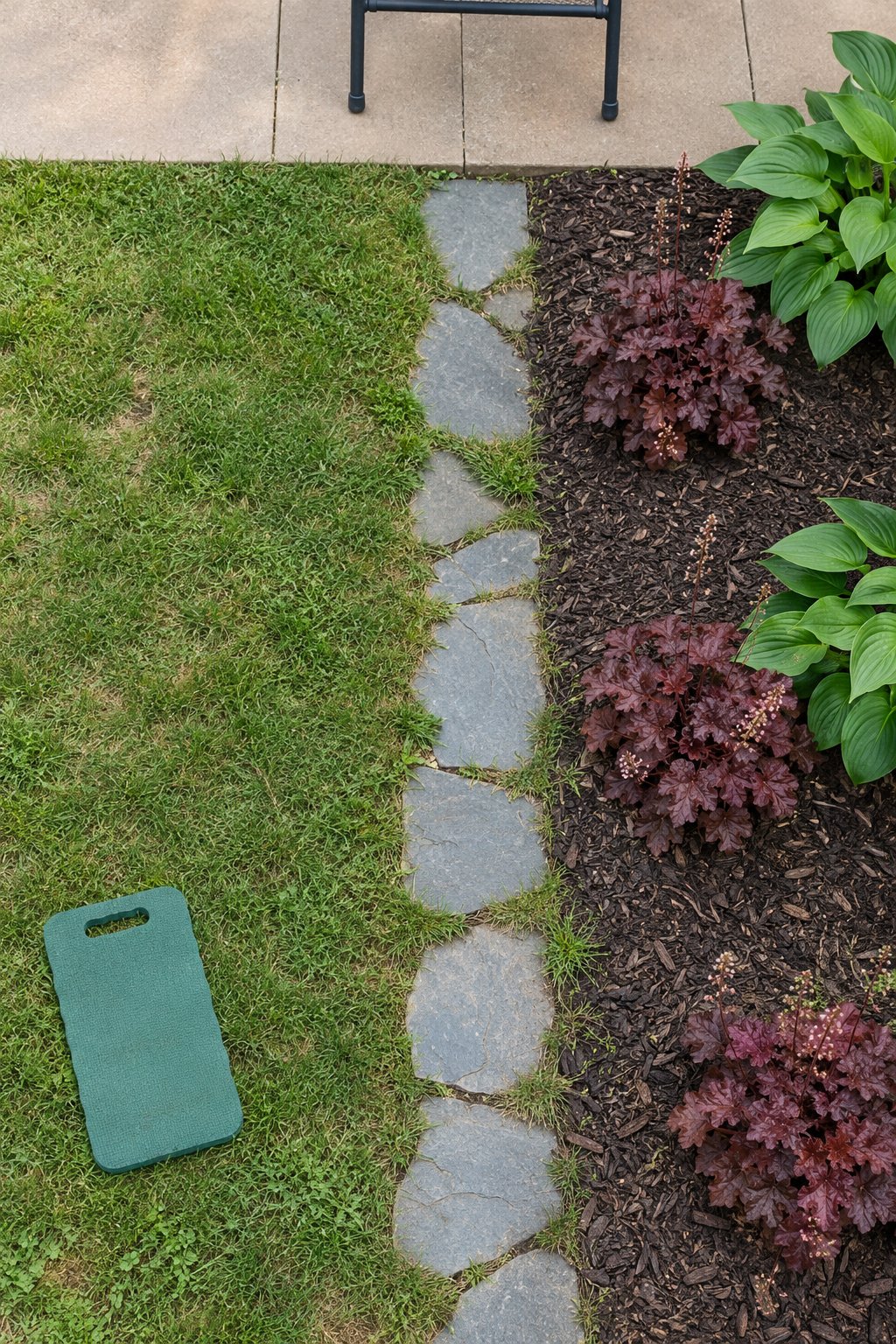 Flagstone flower bed edging set flush with the lawn as a mowing strip beside a patio bed of coral bells and hostas