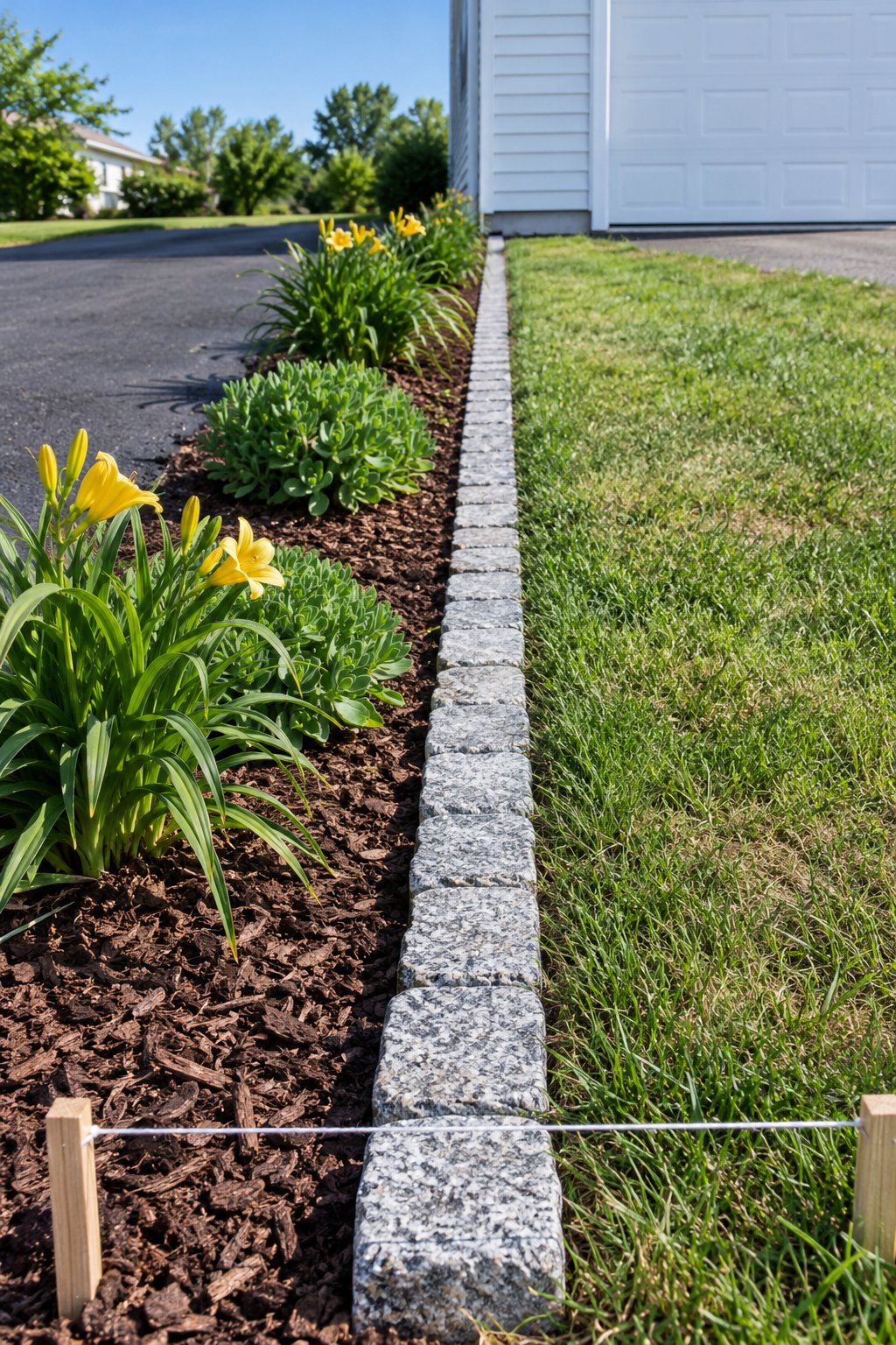 Granite cobble flower bed border set level with the lawn along a driveway bed of daylilies and sedum beside a garage