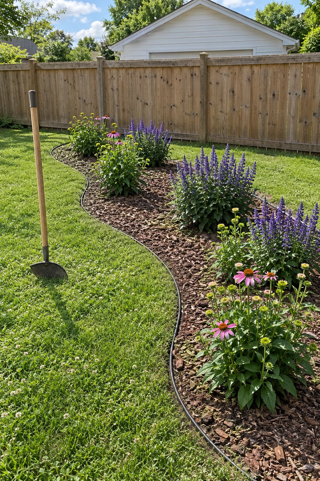 Landscape edging ideas in steel, a thin dark steel strip curving between a lawn and a mulched bed of coneflowers and salvia