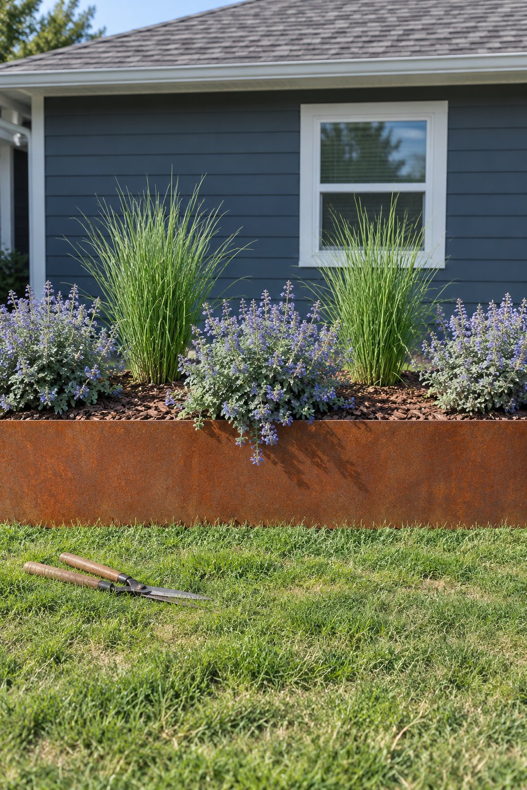 Weathering steel flower bed edging with a rust colored face holding a slightly raised bed of feather reed grass and catmint in a front yard