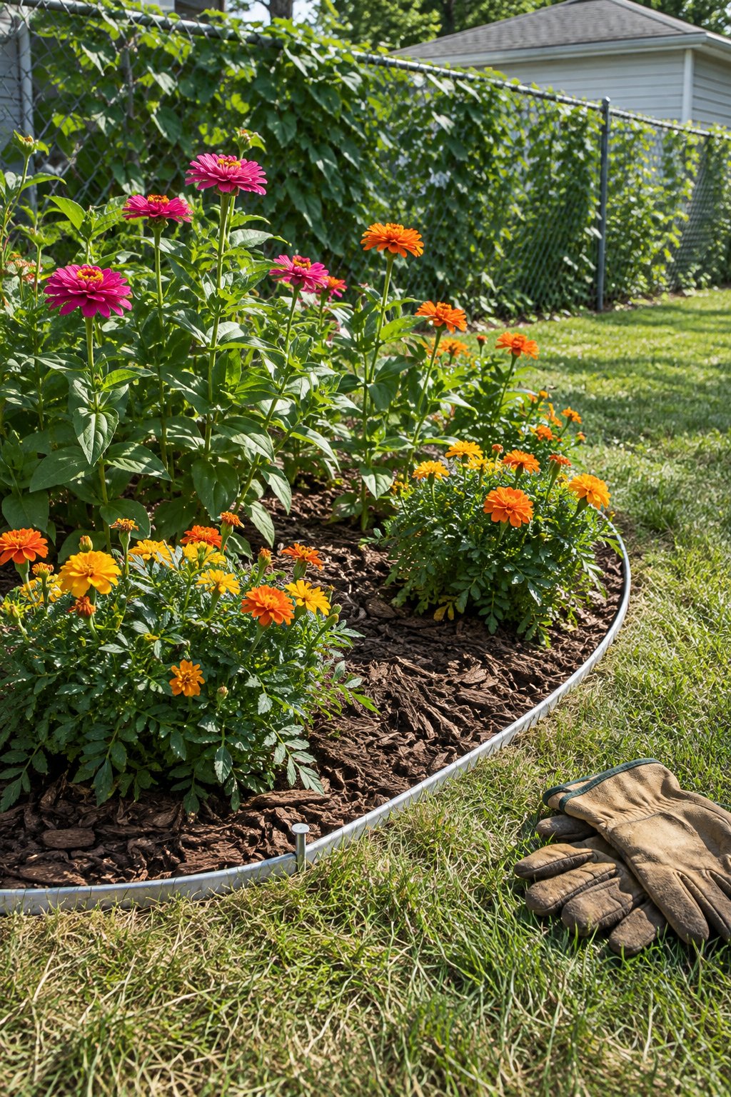 DIY flower bed border ideas in metal, a thin aluminum edging strip bent around a small bed of zinnias and marigolds by a chain-link fence