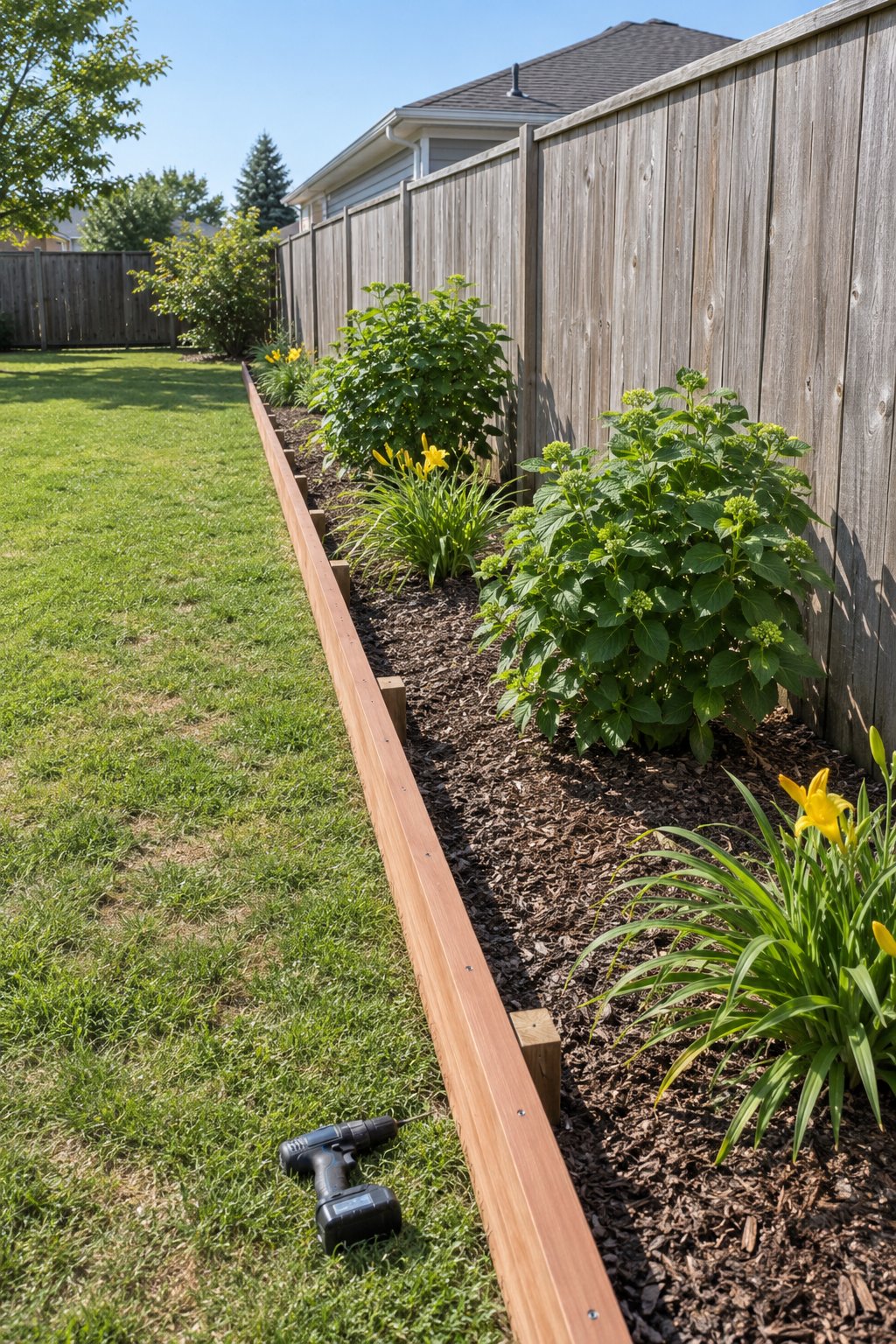 Wooden flower bed border ideas, cedar boards set on edge along a fence-line bed of panicle hydrangea and daylilies