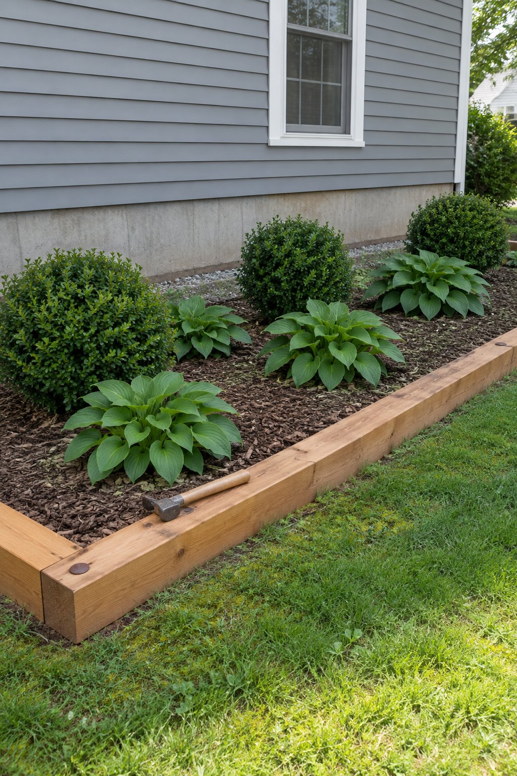 Flower bed border ideas in wood, square cedar timbers laid end to end along a foundation bed of boxwood and hostas with mulch kept below the siding