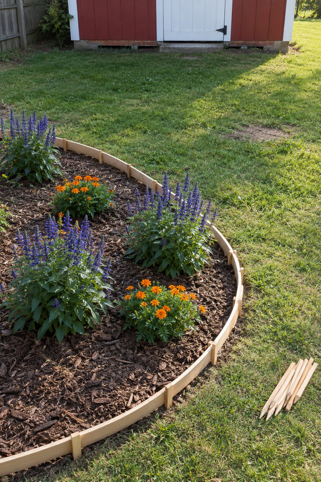 Cheap flower bed edging ideas in wood, a thin bender board strip staked around a curved bed of salvia and marigolds near a garden shed