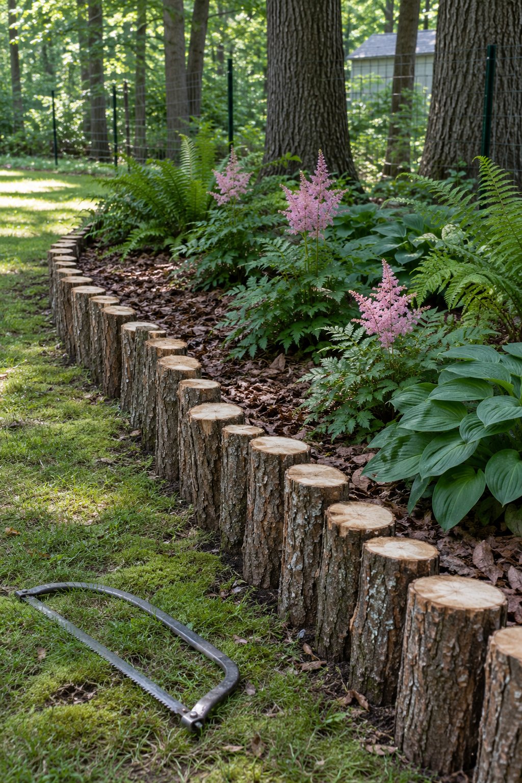 Garden edging ideas with short upright log posts around a woodland shade bed of ferns, hostas and astilbe under trees