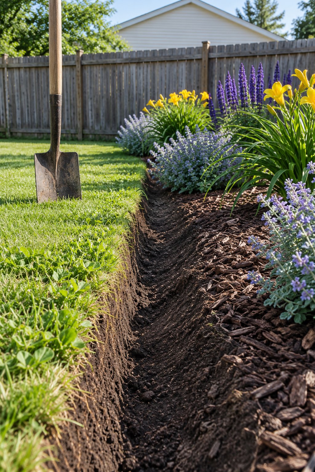 Cheap flower bed edging ideas, a spade-cut trench edge between a lawn and a mulched border of daylilies, salvia and catmint with a flat spade standing nearby