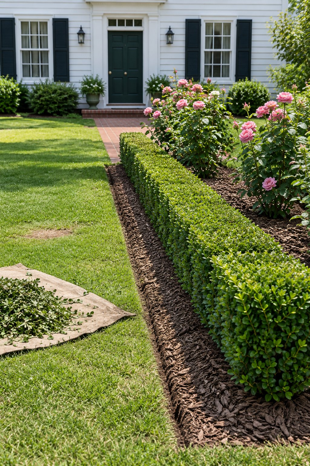 Flower bed border ideas with plants, a low clipped boxwood edge with a spade-cut lawn line in front and shrub roses behind along a brick front walk