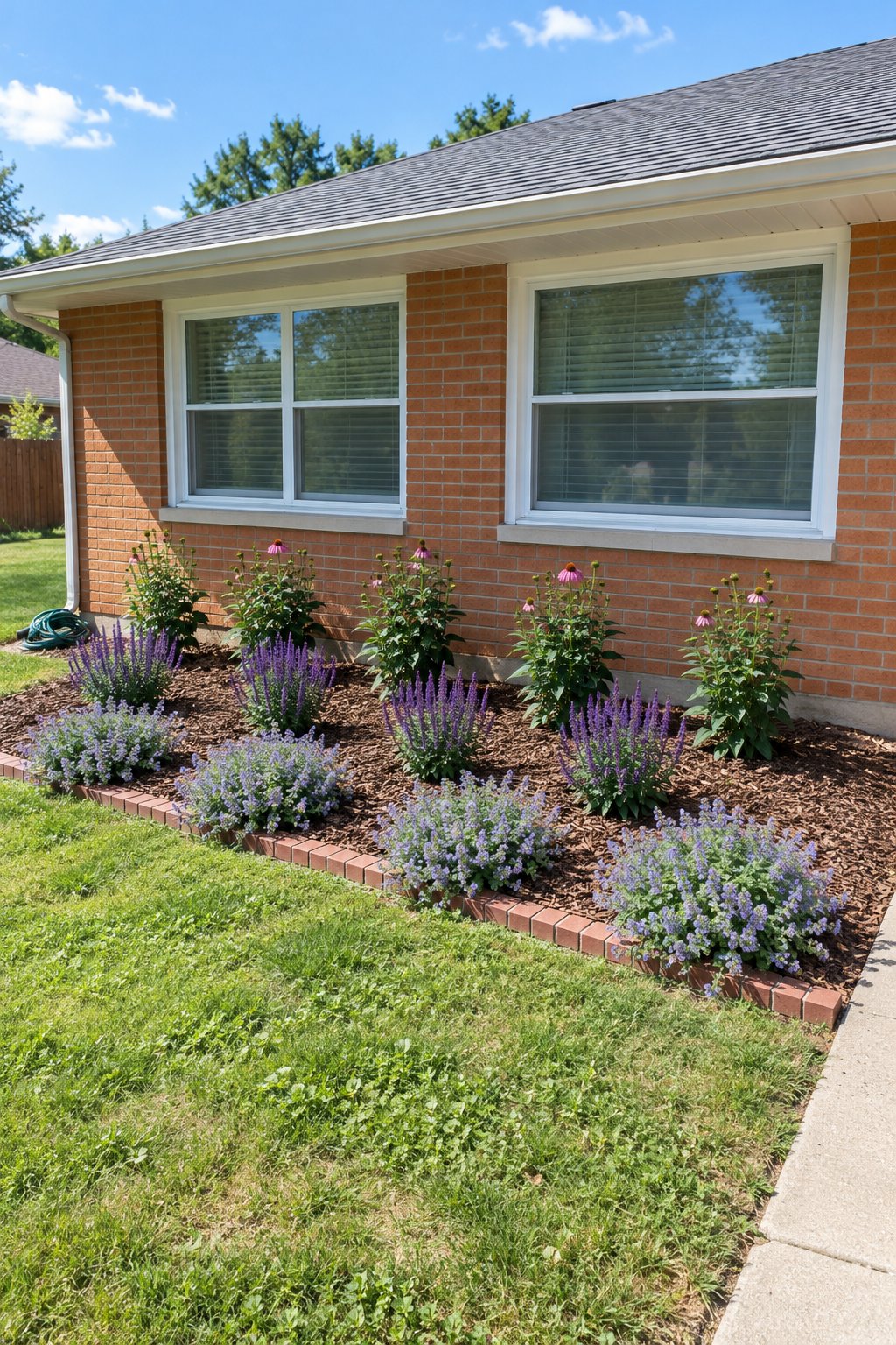 Full sun flower bed ideas in front of house windows, a straight bed of coneflower, purple salvia and catmint with a flat brick edge at a ranch house