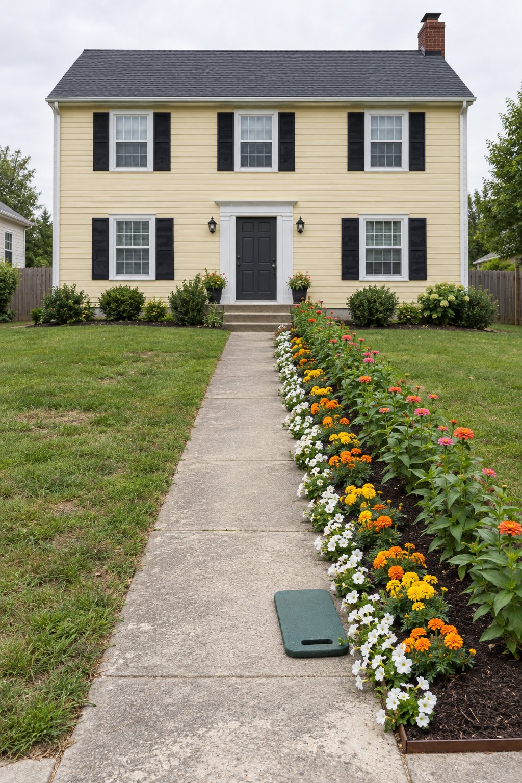 Front yard flower bed ideas, a narrow ribbon of zinnias, marigolds and petunias with steel edging along a concrete front walk to a colonial house