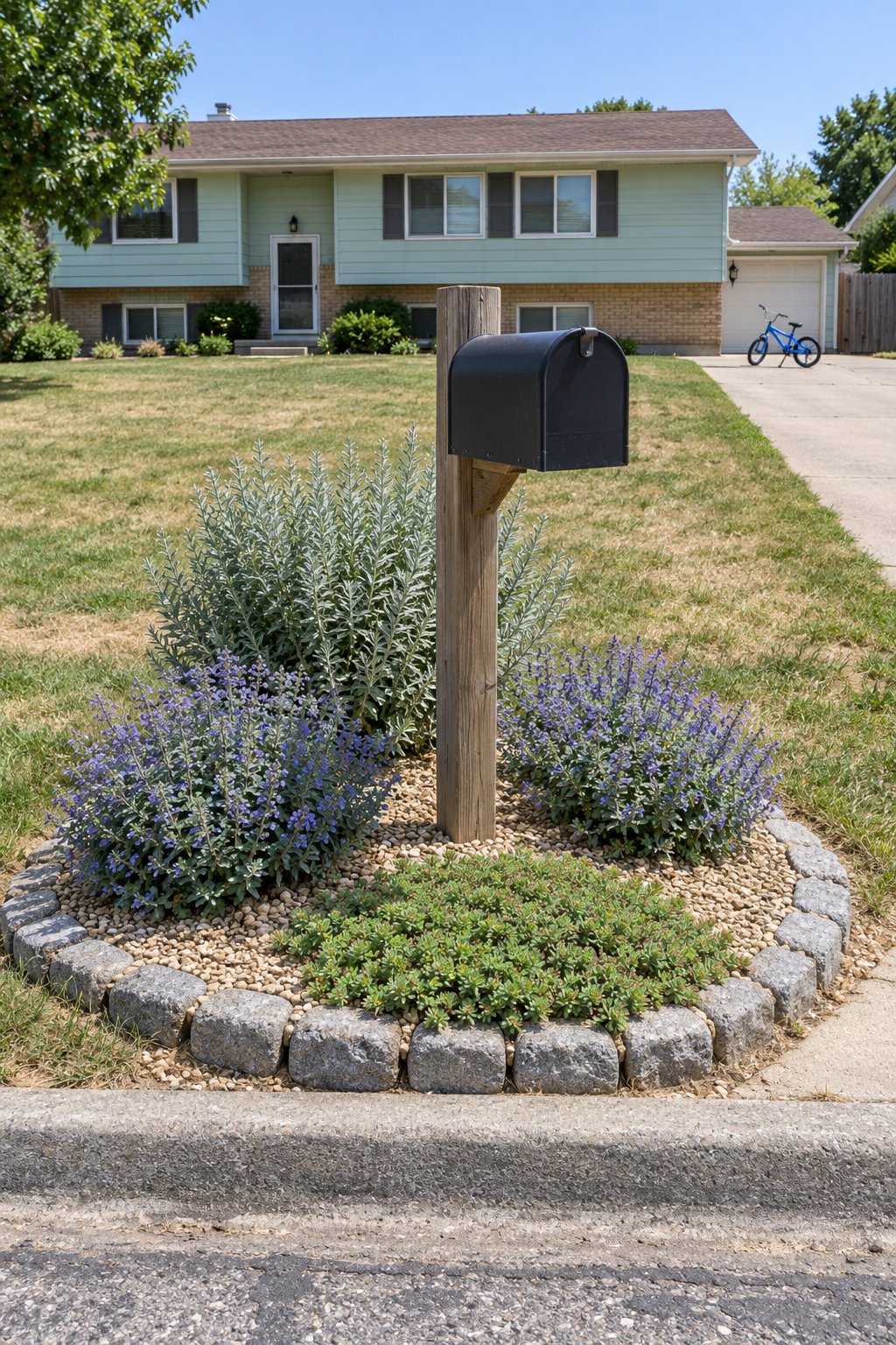 Front flower bed ideas for a mailbox, a round bed of Russian sage, catmint and creeping sedum with a cobblestone ring and pea gravel at the curb of a split-level house