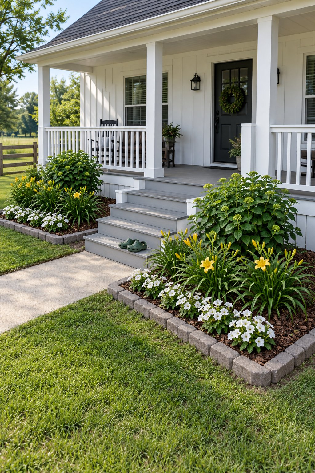 Flower bed ideas in front of house porch steps, a panicle hydrangea with daylilies and white petunias in a bed edged with tumbled concrete blocks