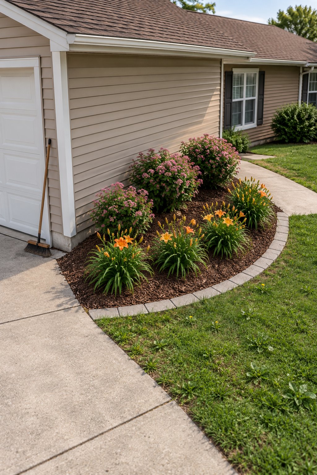 Front of house flower bed ideas, a quarter-circle corner bed of pink spirea and daylilies with a flush paver edge beside an attached garage