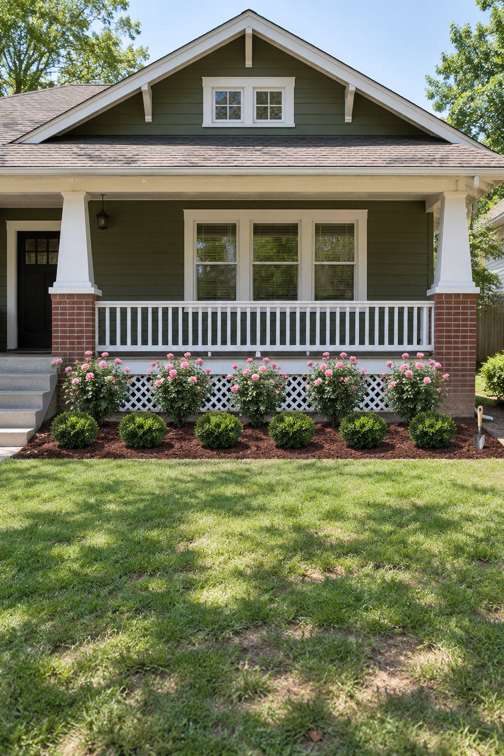 Front flower bed ideas for a bungalow, pink shrub roses behind a row of clipped boxwood globes below a porch railing with a spade-cut lawn edge