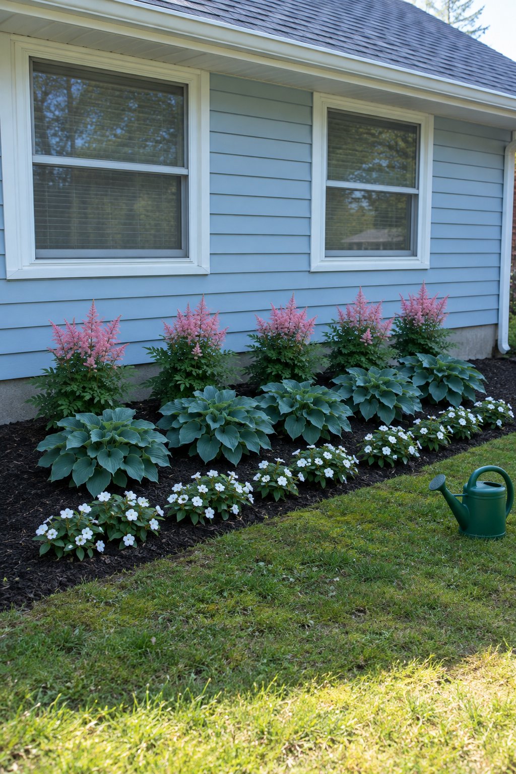 Flower bed ideas in front of house on the north side, a shade bed of pink astilbe, hostas and white impatiens under the windows of a ranch house