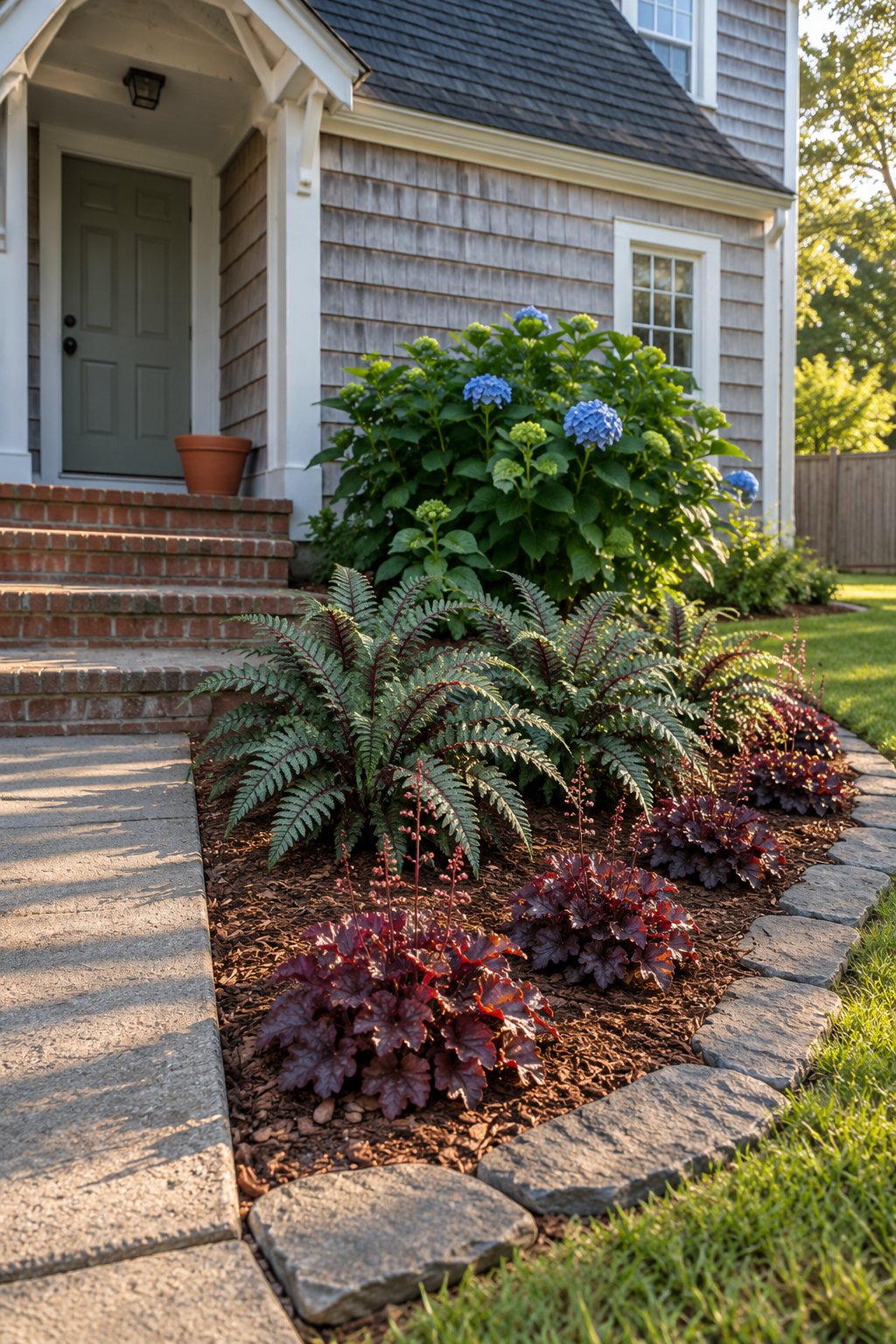 Shade flower bed ideas in front of house steps, a blue bigleaf hydrangea with Japanese painted fern and coral bells in a curved bed edged with flagstone
