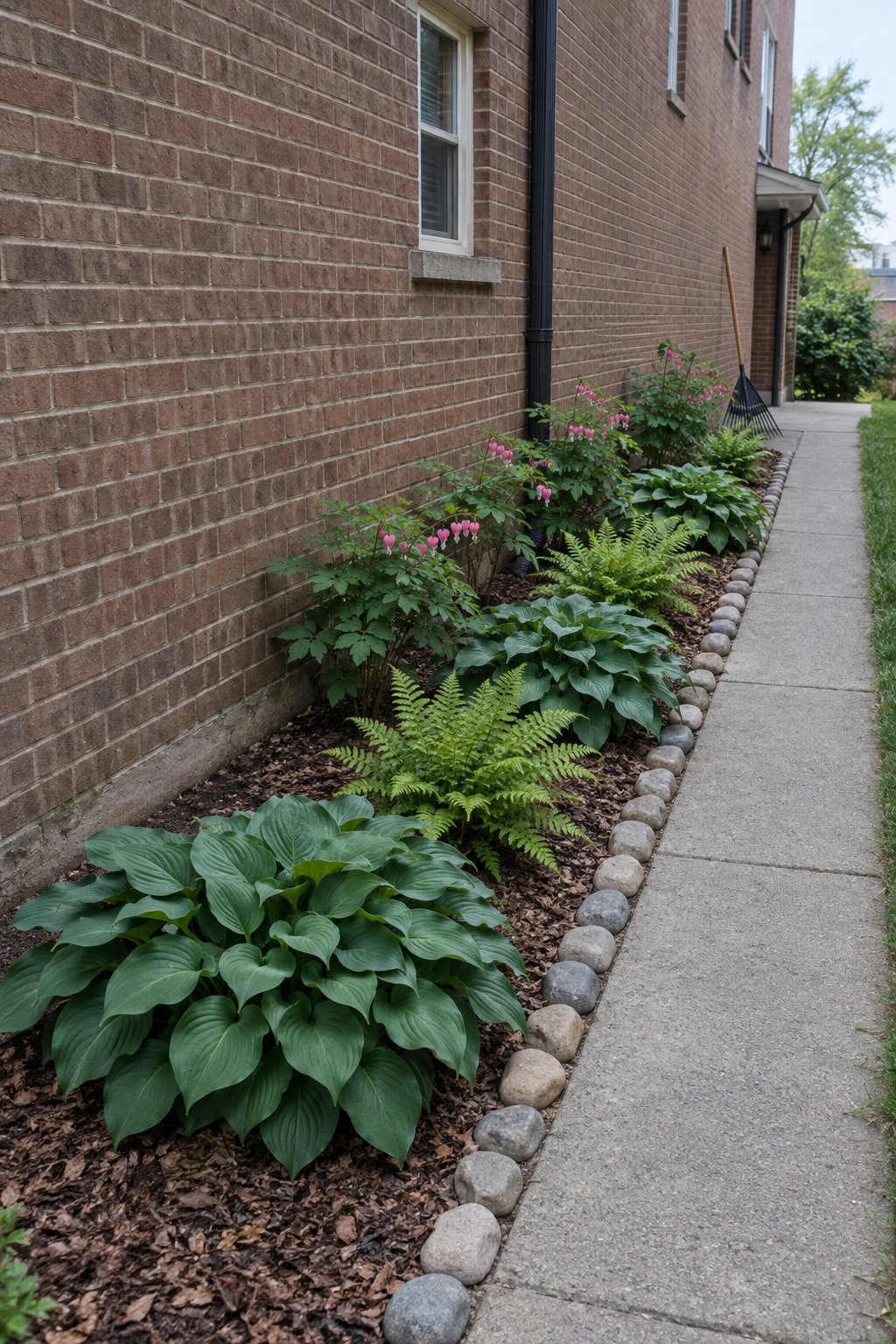 Front yard flower bed ideas for shade, a narrow bed of bleeding heart, hostas and lady fern edged with river stones along a walk beside a townhouse wall