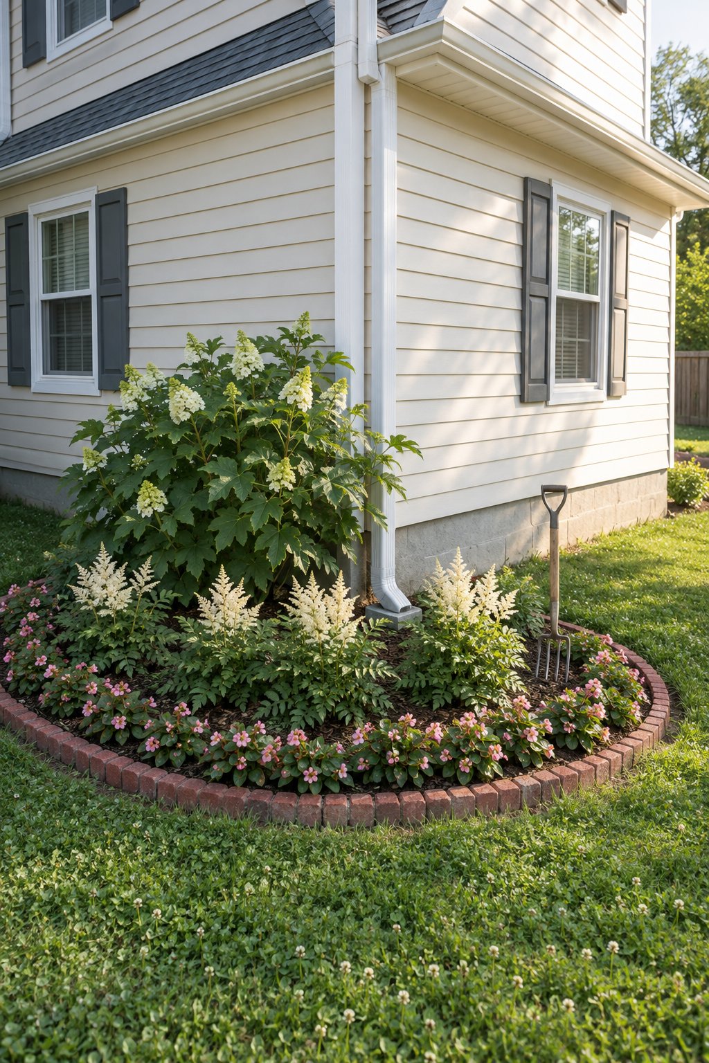 Flower bed ideas in front of house corner, an oakleaf hydrangea with white astilbe and wax begonias in a rounded bed with a brick edge on the east side