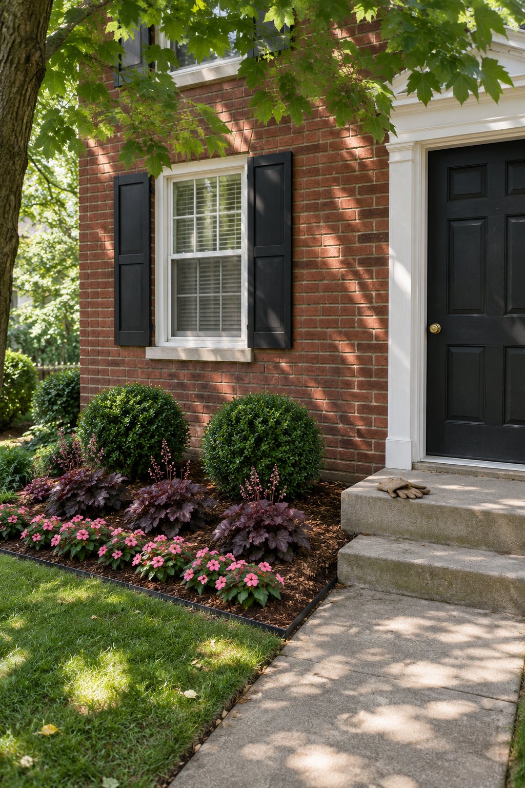 Front flower bed ideas for part shade, two boxwood with burgundy coral bells and pink impatiens in a small bed beside a colonial front door under a tree