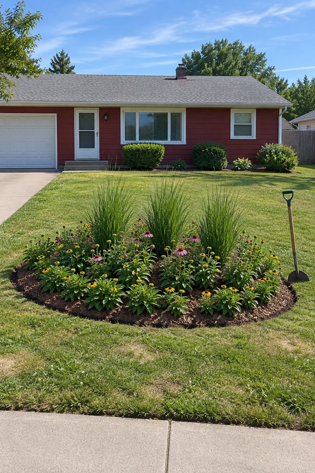 Small flower bed ideas in front of house, an oval island bed of switchgrass, coneflower and black-eyed Susan in a small front lawn of a ranch house