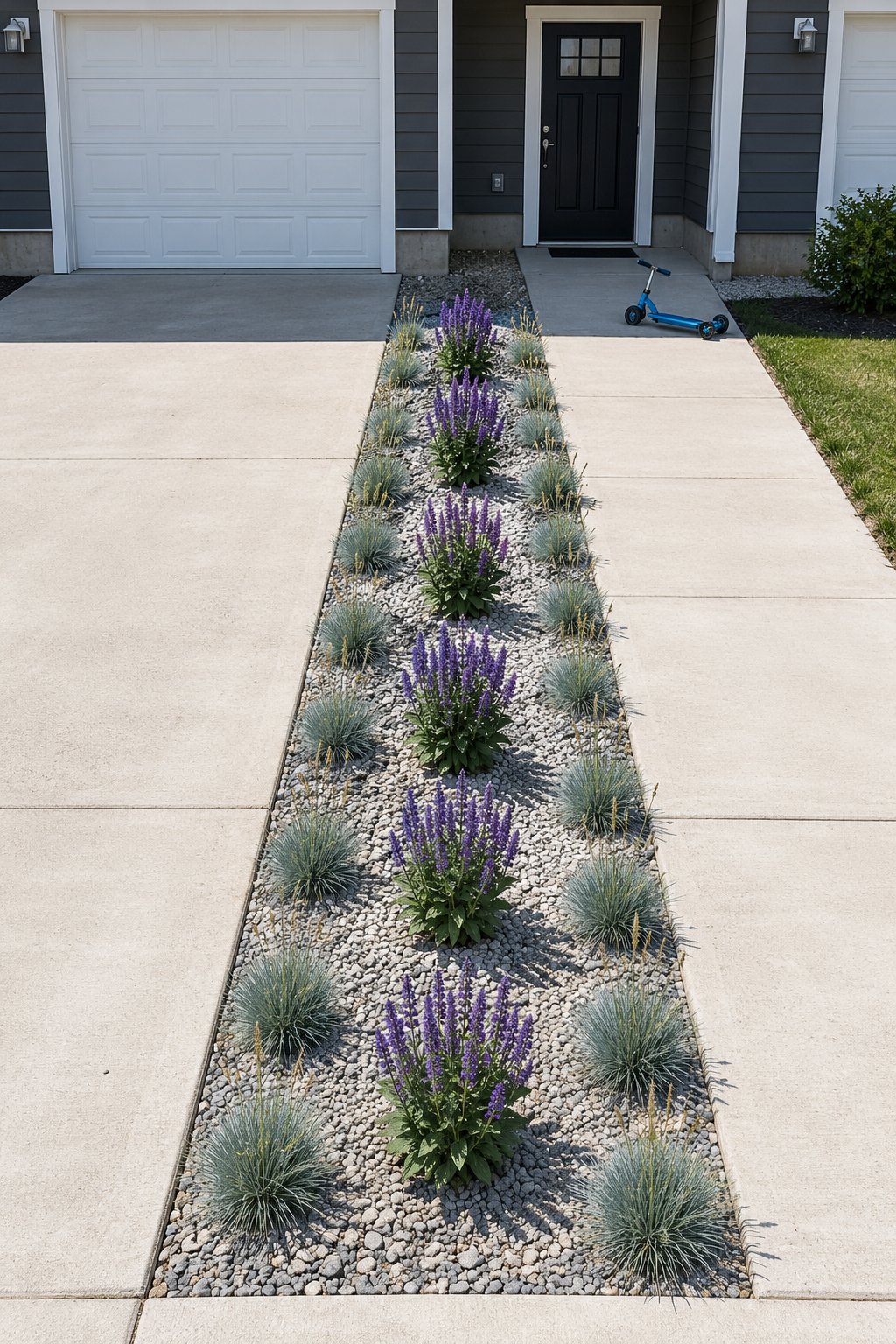 Small flower bed ideas in front of house, a narrow gravel-mulched strip of purple salvia and blue fescue between a driveway and a front walk at a townhouse