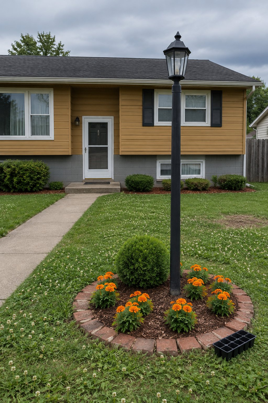 Small front flower bed ideas, a round bed with one dwarf globe arborvitae and orange marigolds inside a flat brick ring around a lamp post in a front lawn