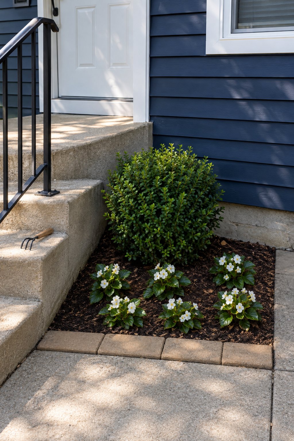 Small flower bed ideas in front of house, a pocket bed with one boxwood and white wax begonias beside the concrete stoop of a townhouse