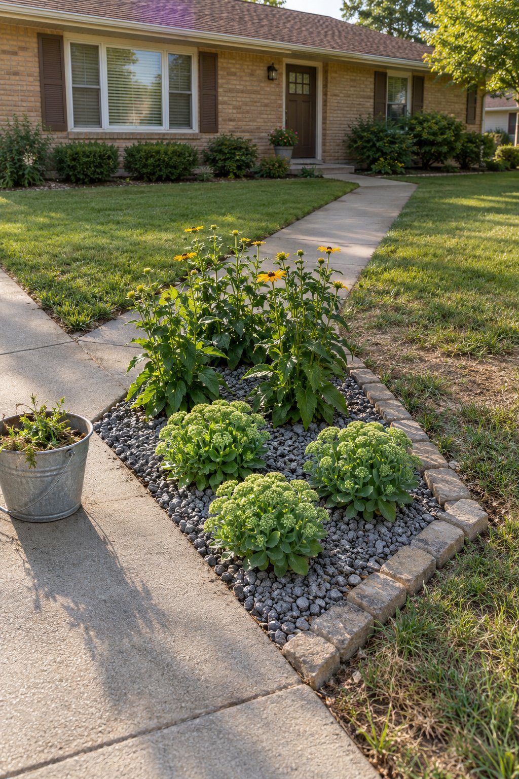 Small flower bed ideas in front of house, a triangle bed of black-eyed Susan and upright sedum with a cobblestone edge where the front walk meets the driveway