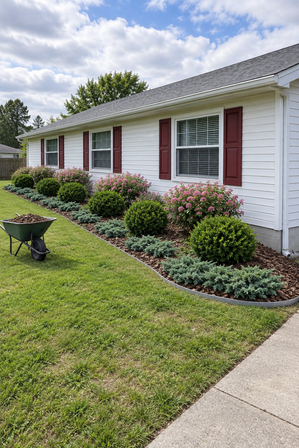 Low maintenance flower bed ideas for the front of a house, a shrub bed of spirea, boxwood and creeping juniper with steel edging across a ranch house front