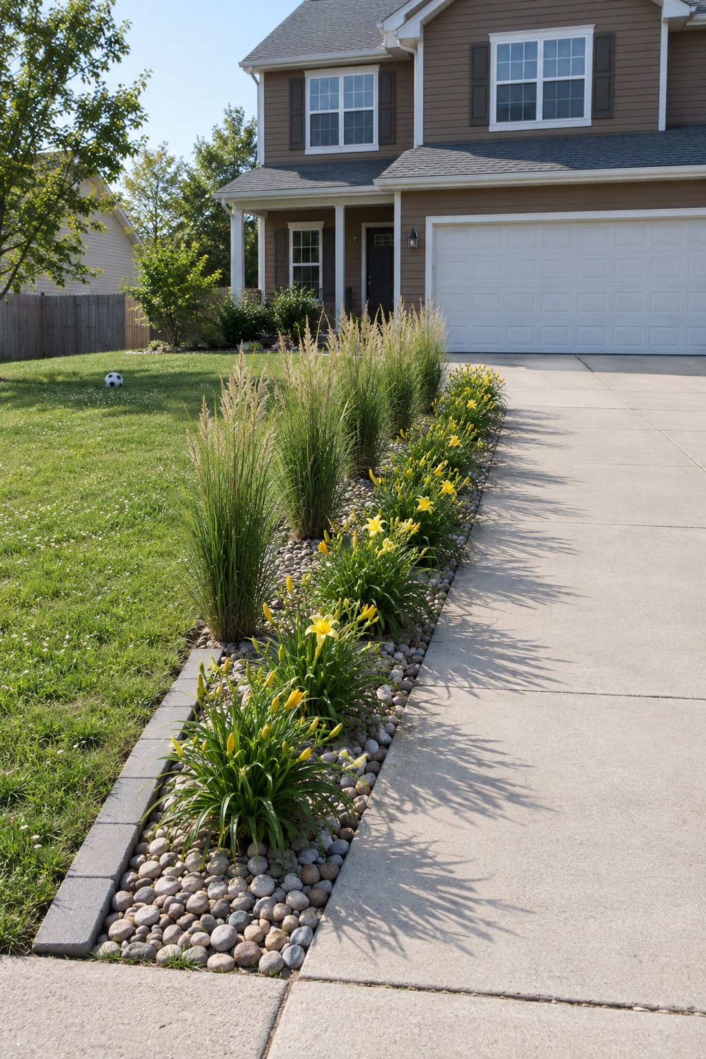 Low maintenance flower bed ideas, a driveway border of upright feather reed grass and yellow daylilies with river rock mulch in front of a suburban house