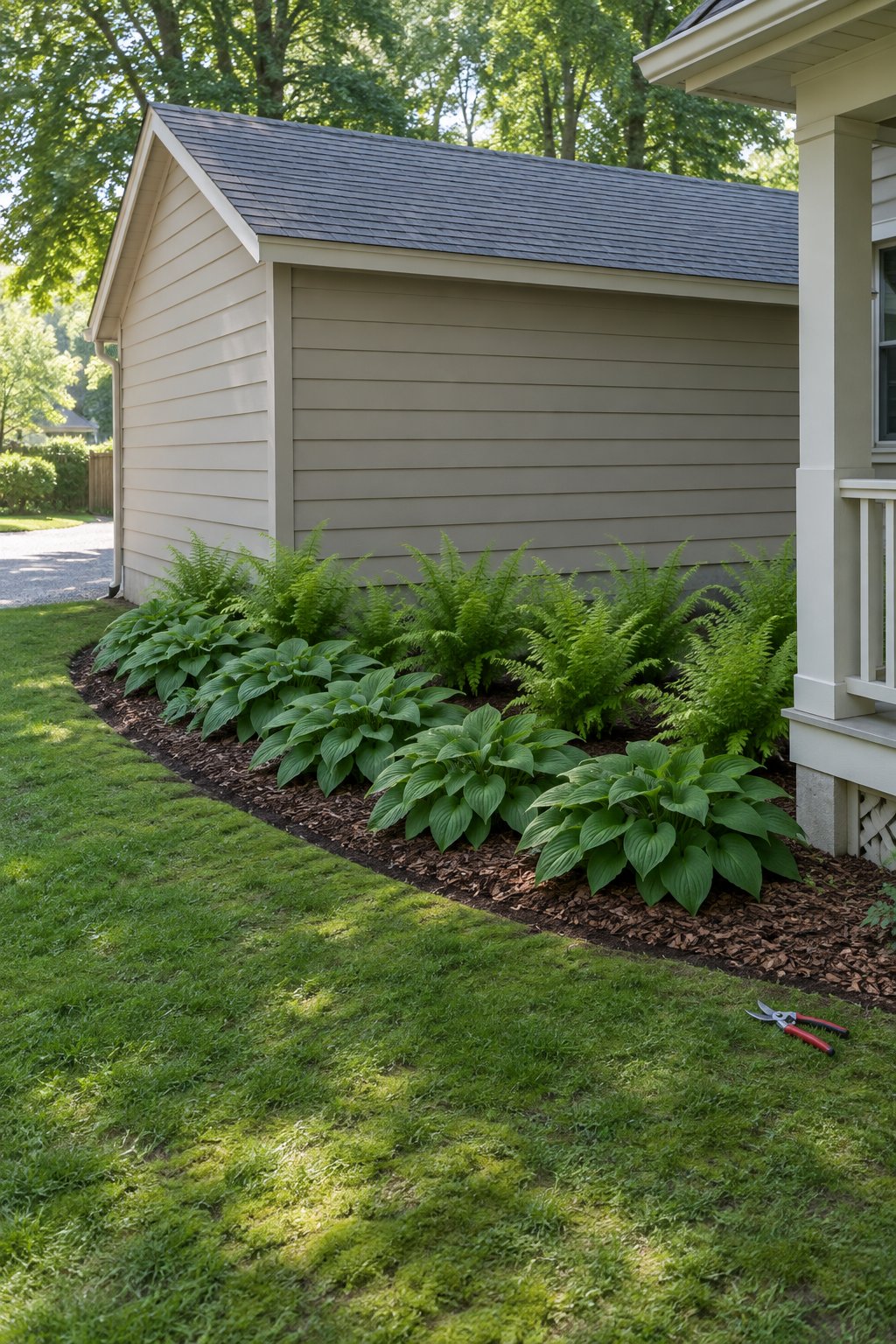 Low maintenance front flower bed ideas for shade, a curved bed of lady ferns and massed hostas along the shaded front wall of a garage