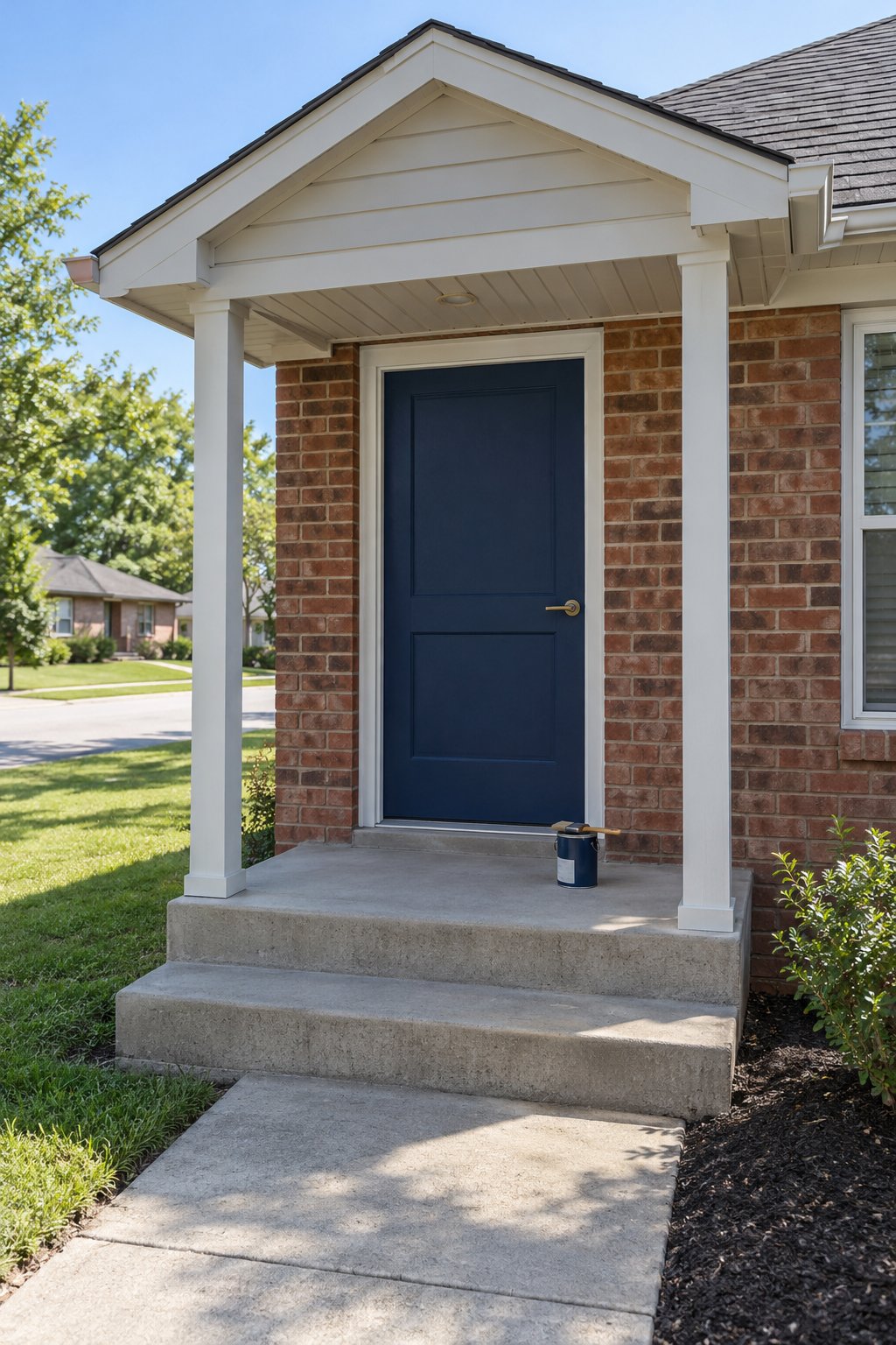 Front porch ideas, a navy painted front door on a red-brown brick ranch house with a small covered stoop and a paint can with a brush on the top step